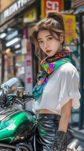 Stylish Japanese woman on motorcycle in city vibe