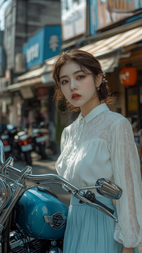 Stylish Japanese woman with Harley-Davidson in luxurious city