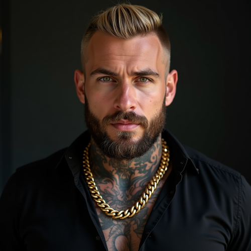 Stylish Muscular American Man with Neck Tattoos