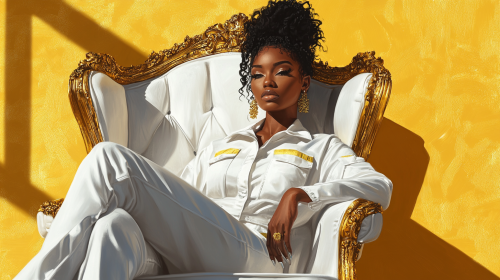 Stylish Nia Long in painters coveralls on throne chair.