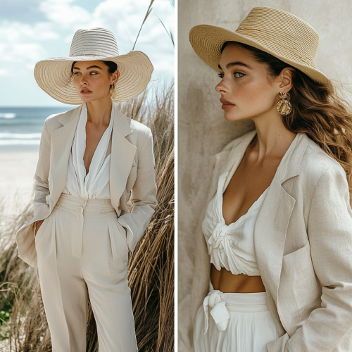 Stylish coastal attire for a brunette by the sea