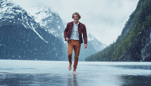 Stylish man in summer clothes smiling in icy rain