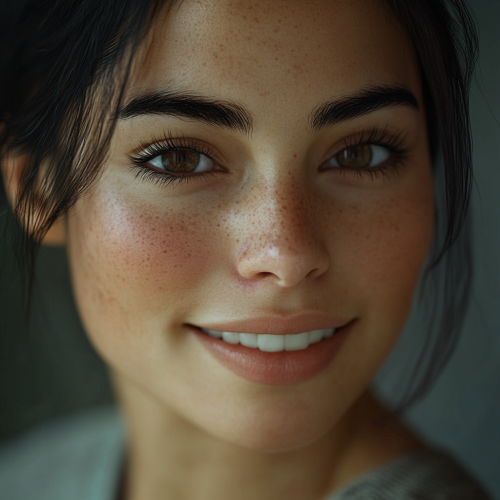 Stylish woman with warm smile and detailed skin