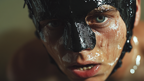 Suffering with open mouth, relaxed eyes in black latex.