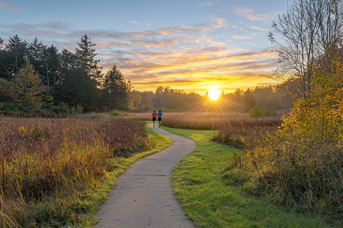 Sun rises over serene running trail