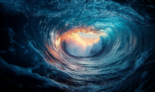 Sun shining on big blue wave splashing