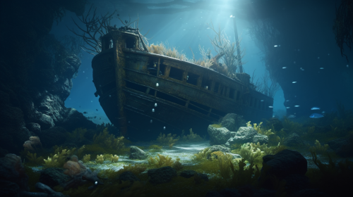 Sunken ship under moonlight in calm ocean