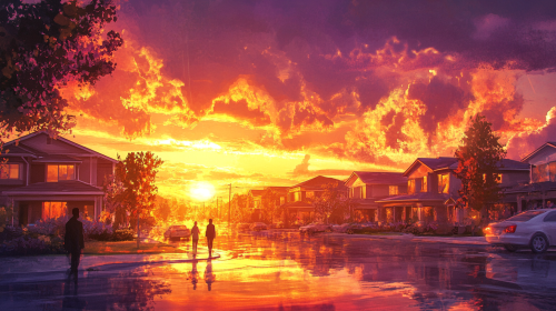 Sunlit suburban neighborhood, glistening homes, cheerful people.