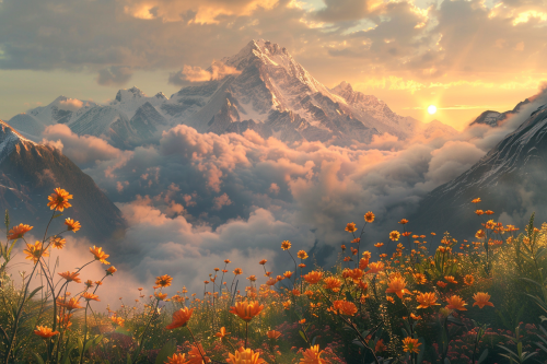 Sunrise over misty mountains, wildflowers, snow-capped peaks, 8K. Sunrise over misty mountains, wildflowers, snow-capped peaks, 8K.