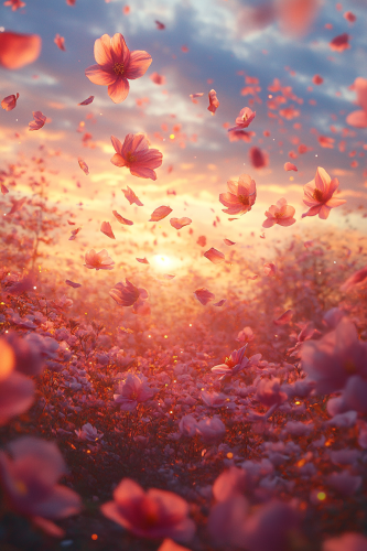 Sunset Landscape with Flower Petals in the Wind