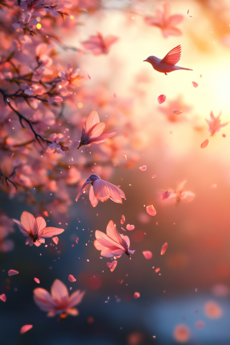 Sunset Serenity: Pink Birds Soar through Dreams