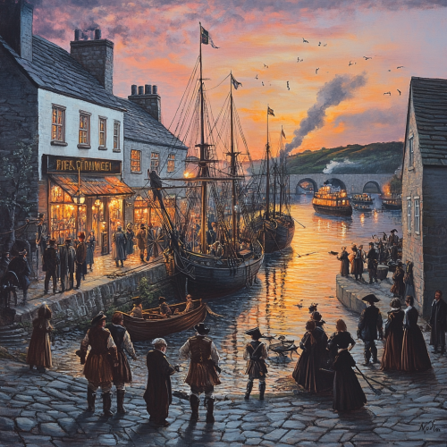 Sunset in Cornish Harbour: 18th Century Scene Sunset in Cornish Harbour: 18th Century Scene