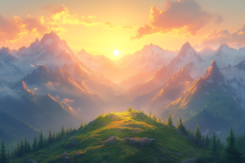 Sunset in High Mountains, Yellow-Orange Light