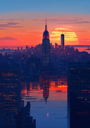 Sunset in New York Vector Art, Vibrant 4K