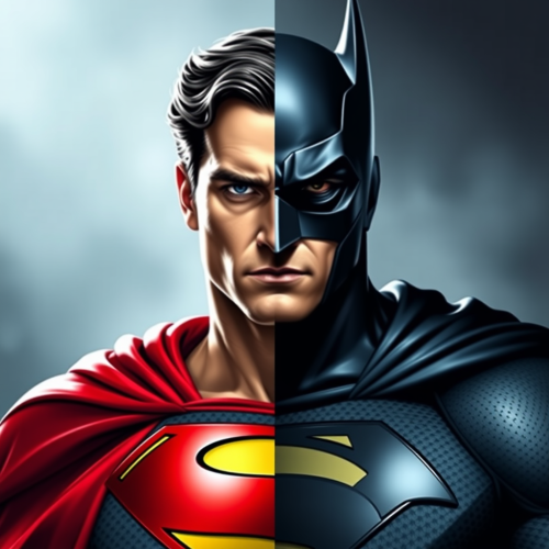 Superman and Batman combined into one superhero face.