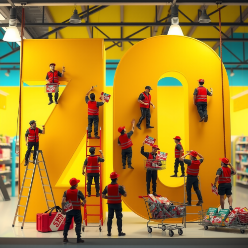 Supermarket Workers Assembling Giant Discount Number