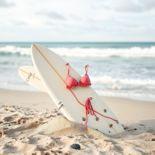 Surfboard in sand with bikini top hanging