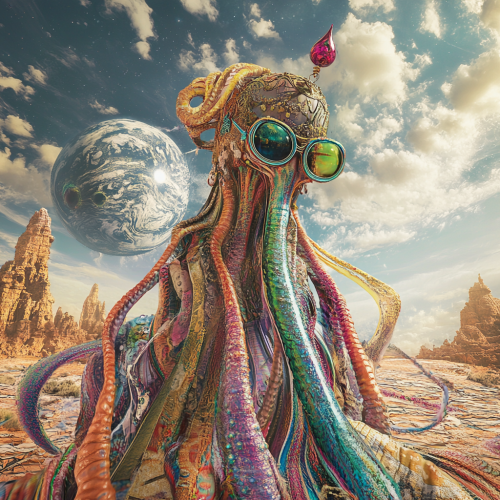 Surreal Alien Creature with Colored Tentacles Fantasy Sky