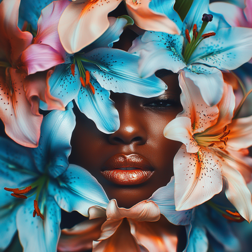 Surreal Artistic Portrait of a Melanated Girl with Lilies