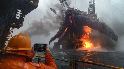 Surreal Cthulu destroys oil rig in stormy weather
