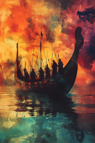 Surreal Viking ship on colorful sea with silhouettes