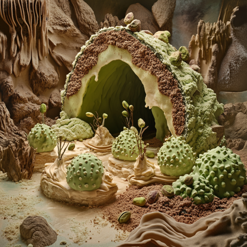 Surreal dessert sculpture with pistachio monsters and espresso