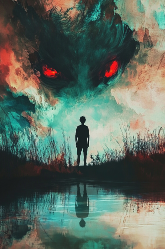 Surreal silhouette floats in colorful sky and water