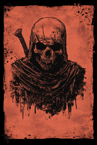 Surreal warrior in lino print style illustration