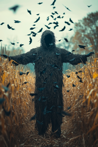 Surrealistic horror movie with stick man in corn field.