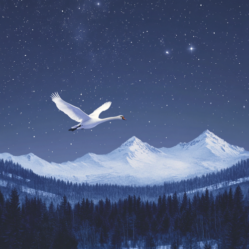 Swan flying under starry night over snowy forest