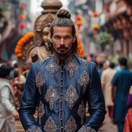 Swedish football player in traditional Indian attire at festival.