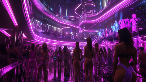 Syd Mead realistic rendering of neon club outfits.