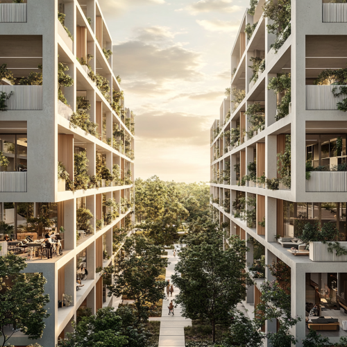 Symmetric modern buildings with balconies, lush green walkways.