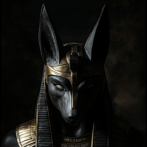 Symmetrical Godly Anubis in Pharaoh Helmet on Dark Background