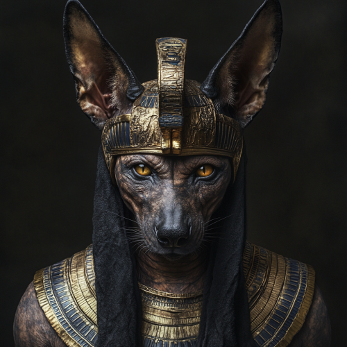 Symmetrical realistic photo of Anubis with Pharaoh helmet