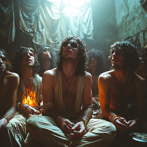 TV studio with 11 band members chatting and laughing.