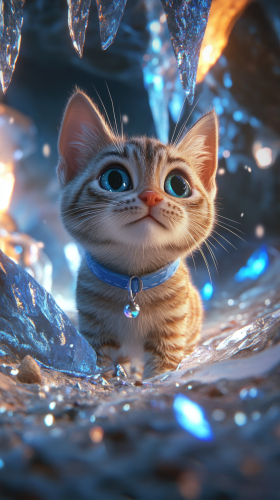 Tabby cat explores magical ice cave with crystals