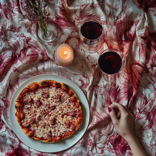 Table with pizza, wine glass, candle, colorful decor.