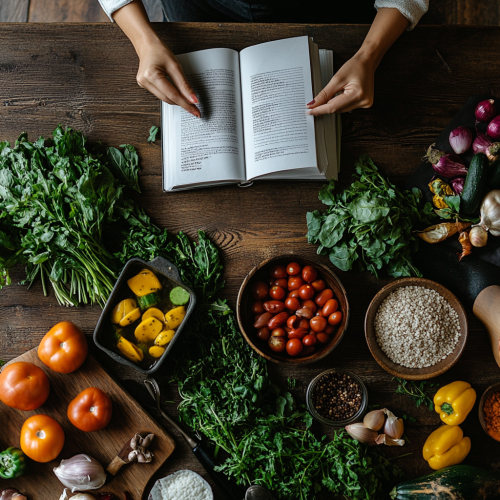 Table with recipe book, woman cooking vegetables, plum color.