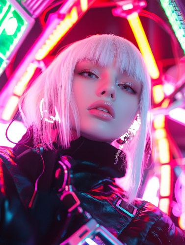 Talking in futuristic club with stylish cybernetic features