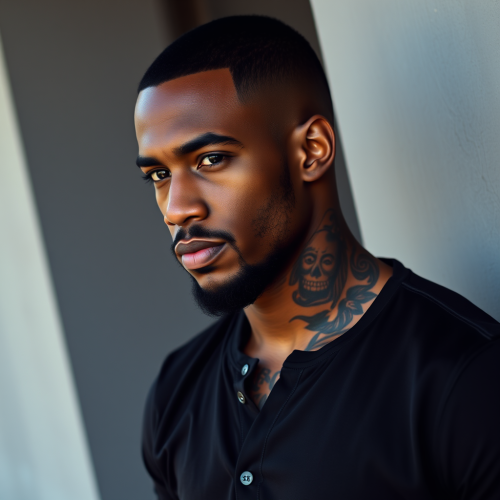 Tall, Tattooed Man in Black with Mafia Vibe