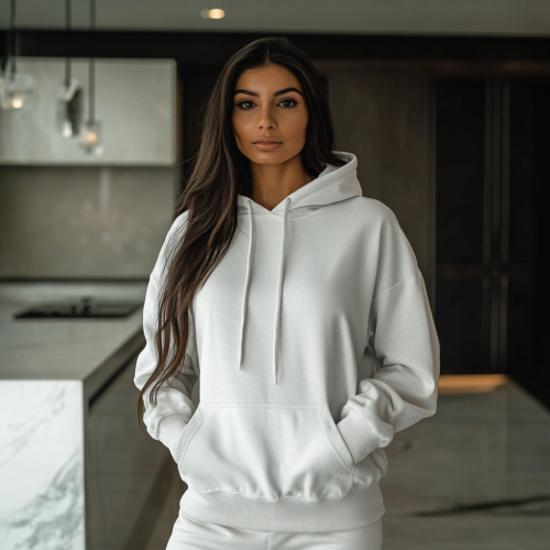 Tall Middle Eastern Female Model in Natural Gildan Hoodie