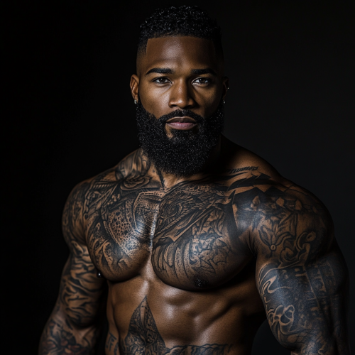 Tall black man with sharp haircut, tattoos, muscular body.