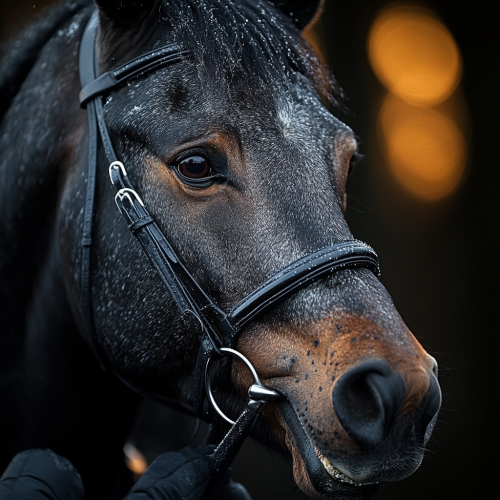 Tamed horse, person mounting in dark scene