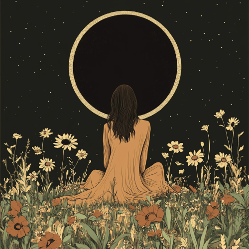 Tarot card: Woman in brown dress under black moon
