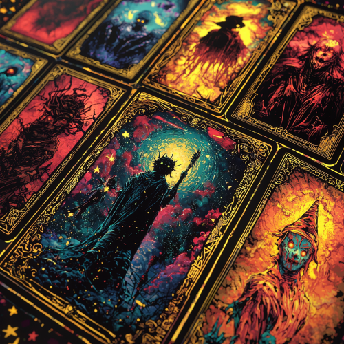 Tarot cards with horror movie characters in cosmic art.