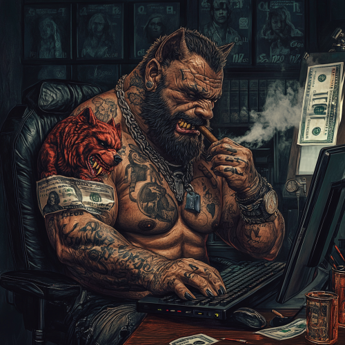 Tattoo of muscle man with wolf head, cigar.