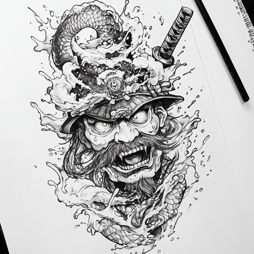 Tattoo sketch of old Japanese samurai yokai