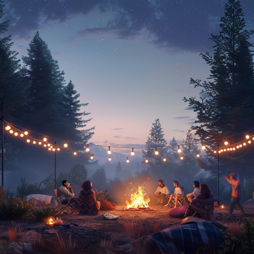 Team Gathered around Twilight Bonfire in Forest