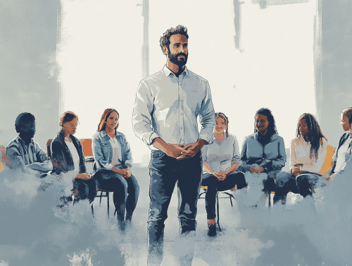 Team leader confidently stands with diverse team members